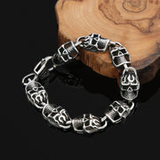 Men's Flame Skull Link Bracelet in Silver-Tone Steel – original skull plate and oval connector angle
