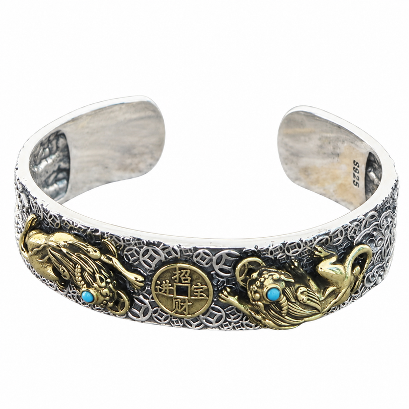 Men's Twin Pixiu Coin Cuff in Sterling Silver with Gold-Tone Accents – front view