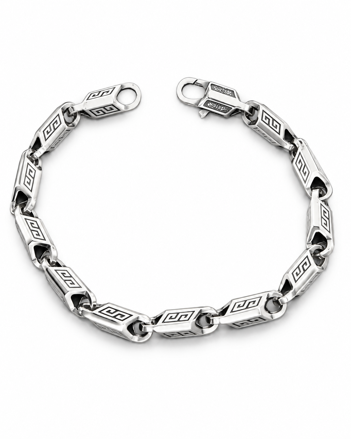 Men's Meander Block Sterling Silver Link Bracelet in Sterling Silver – front view
