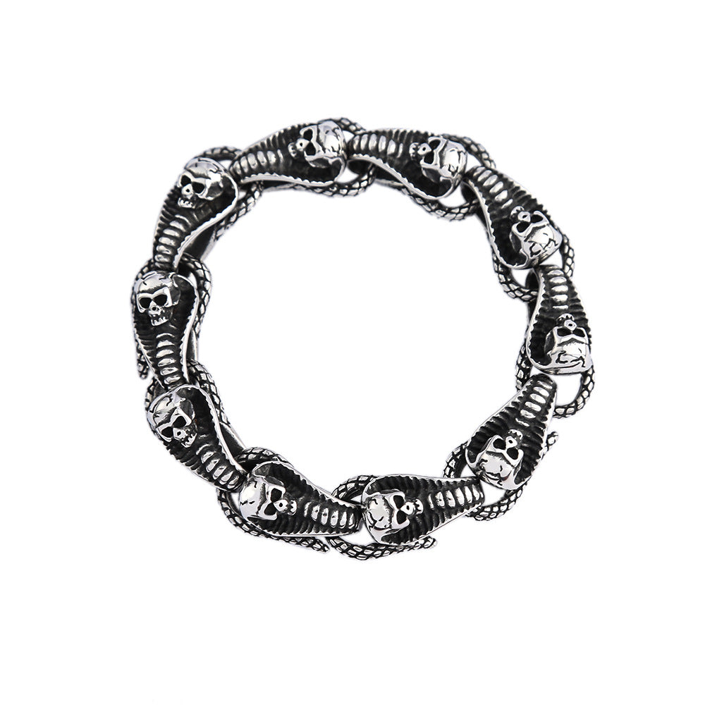 Men's Ribbed Skull Link Bracelet in Silver-Tone Steel – front view