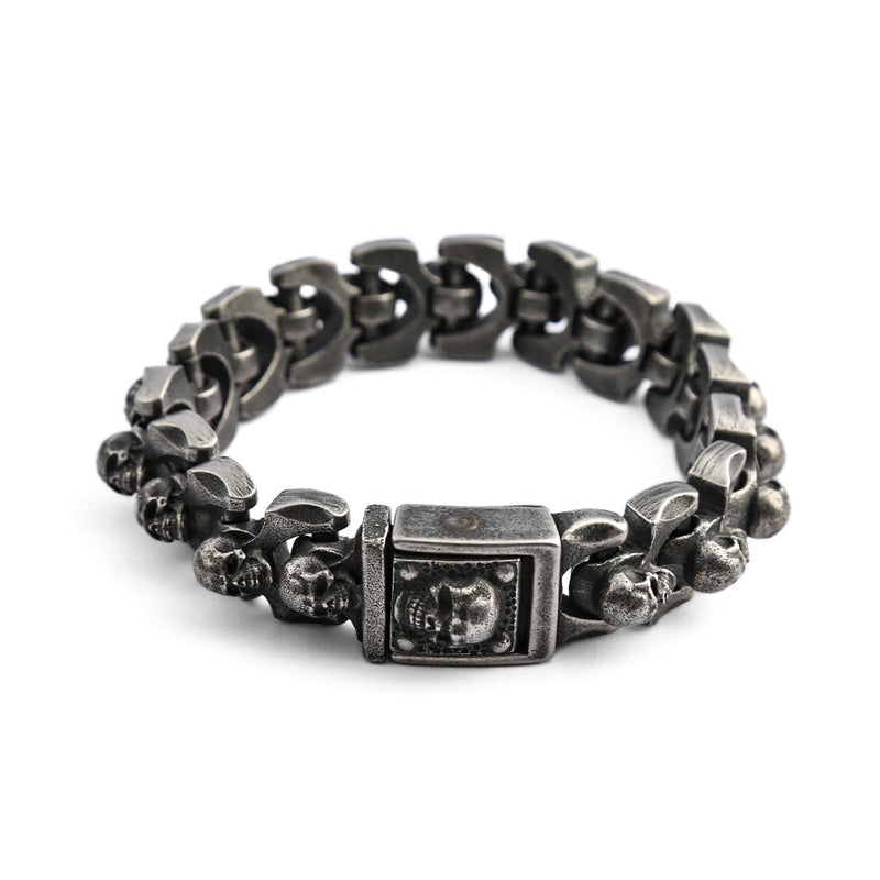 Men's Angular Skull Link Bracelet in Silver-Tone Stainless Steel – front view