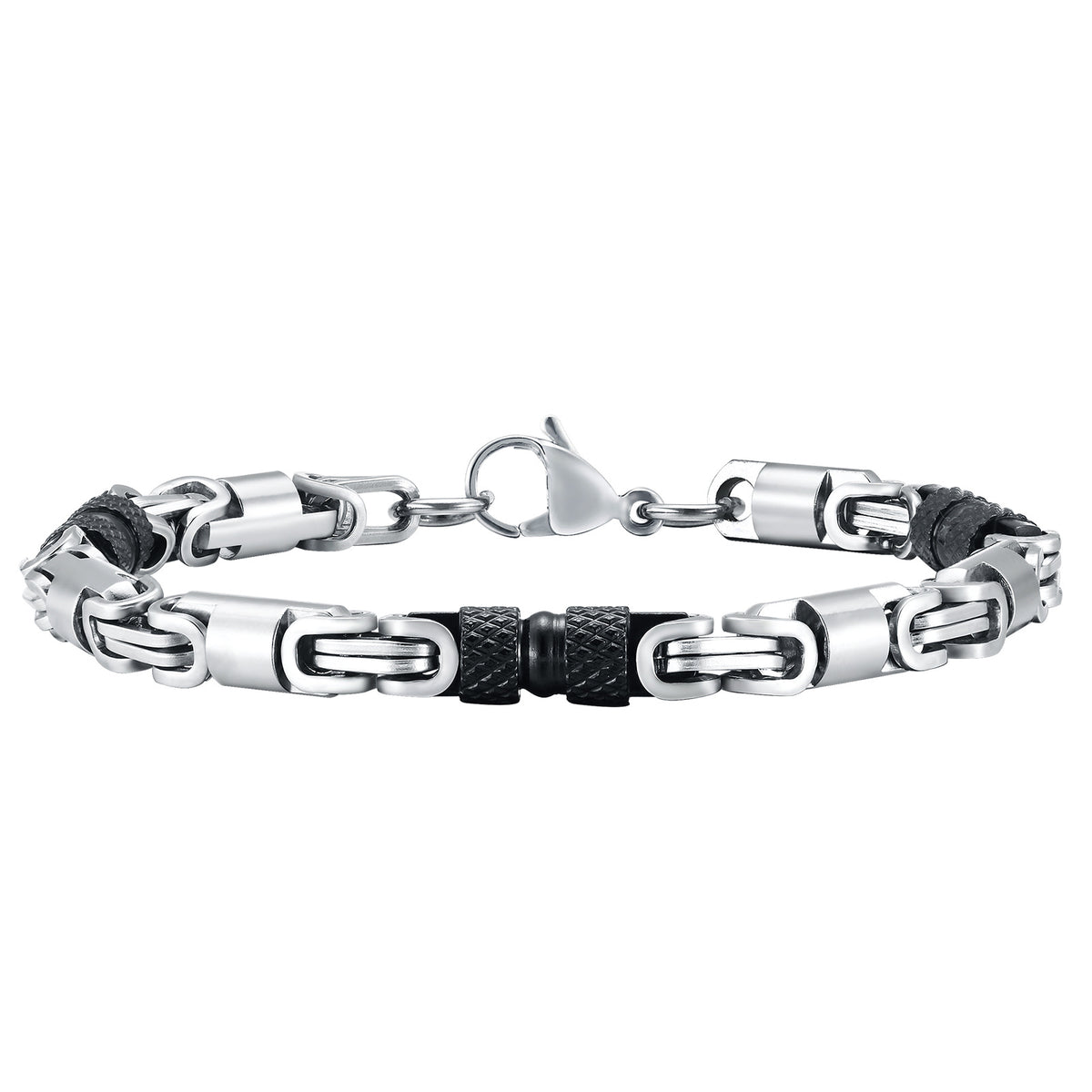 Men's Knurled Byzantine Bracelet in black and silver-tone stainless steel – front view showing black textured barrels