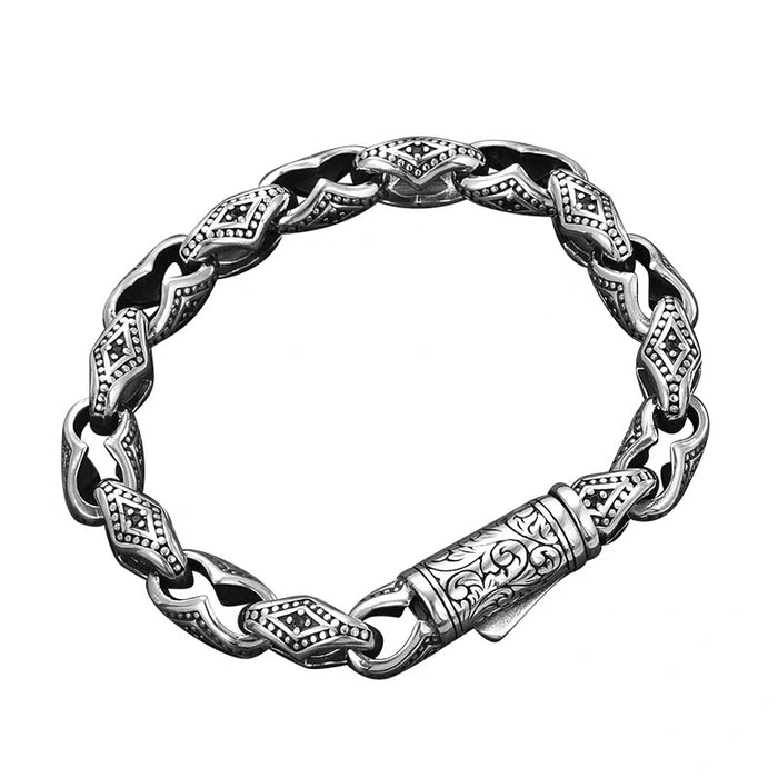 Men's Lozenge Scroll Link Bracelet in Sterling Silver – front view