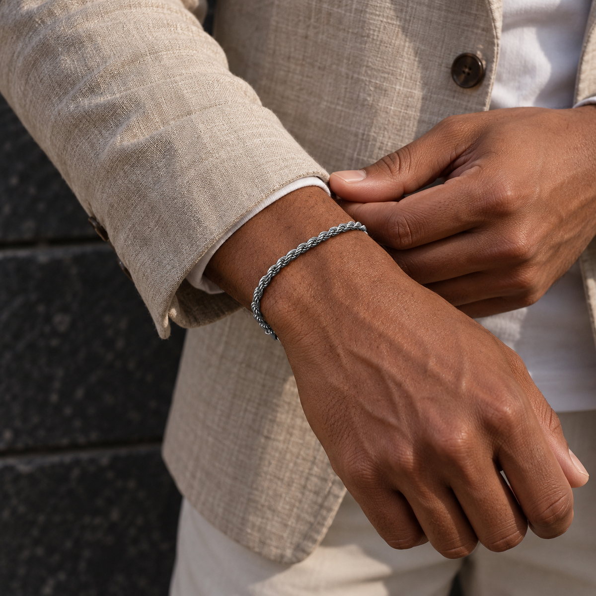 Men's Spiral Rope Bracelet in 925 Sterling Silver – contextual scene, on wrist