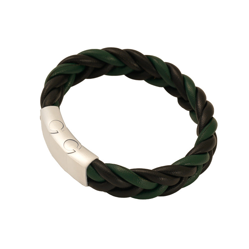 Men's Green Twist Faux Leather Bracelet in Black and Green Faux Leather and Steel – front view