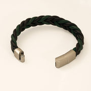 Men's Green Twist Faux Leather Bracelet in Black and Green Faux Leather and Steel – original band construction and clasp detail