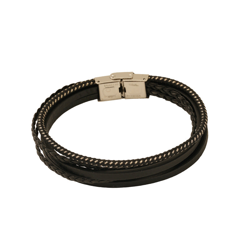 Men's Contrast Cord Faux Leather Bracelet in Black Faux Leather and Steel – front view