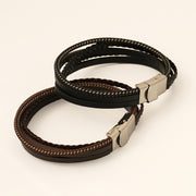 Men's Contrast Cord Faux Leather Bracelet in Black Faux Leather and Steel – original band construction and clasp detail