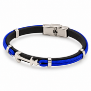 Men's Blue Loop Anchor Faux Leather Bracelet in Black and Blue Faux Leather, Textile Cord and Steel – front view