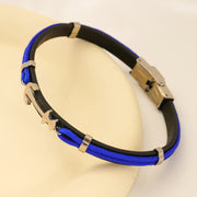 Men's Blue Loop Anchor Faux Leather Bracelet in Black and Blue Faux Leather, Textile Cord and Steel – original construction and clasp detail, angle 1