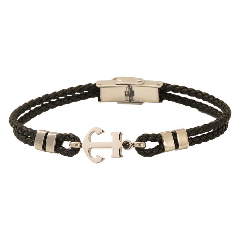 Men's Looped Anchor Faux Leather Bracelet in Black Faux Leather and Steel – front view