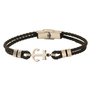 Men's Looped Anchor Faux Leather Bracelet in Black Faux Leather and Steel – front view