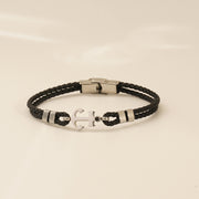 Men's Looped Anchor Faux Leather Bracelet in Black Faux Leather and Steel – original braid, connecting links and clasp detail