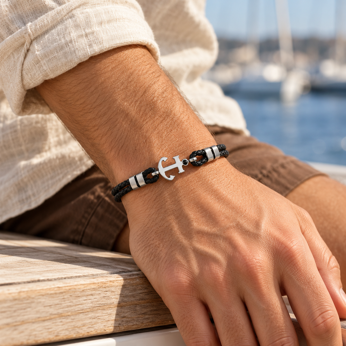 Men's Looped Anchor Faux Leather Bracelet in Black Faux Leather and Steel – contextual scene, on wrist