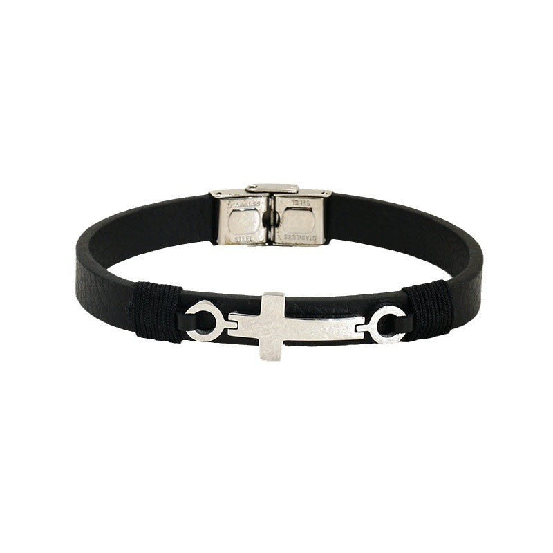Men's Cross Ring Faux Leather Bracelet in Black Faux Leather and Steel – front view
