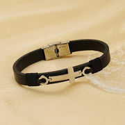 Men's Cross Ring Faux Leather Bracelet in Black Faux Leather and Steel – original band construction and clasp detail