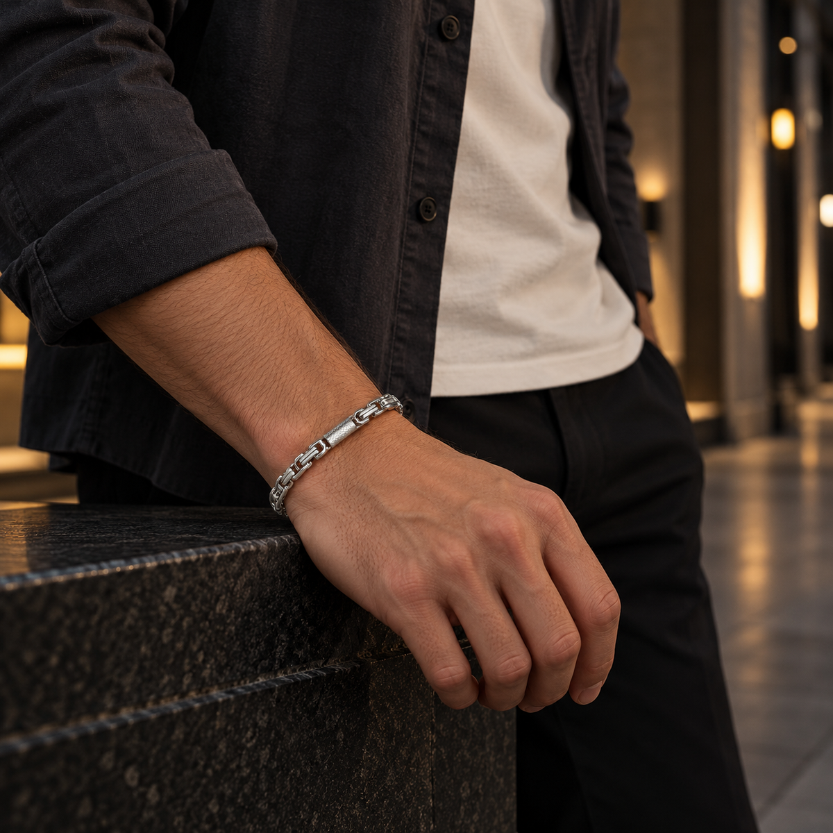 Men's Crosshatch Bar Link Bracelet in Steel; Silver-Tone or Gold-Tone Finish – contextual scene, on wrist