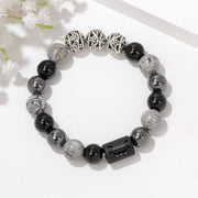 Men's Zodiac Cylinder Bracelet in black and grey decorative glass beads – original detail, Aquarius beads and patterned spacers