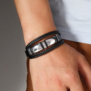 Men's Double Panel Leather Bracelet in Black – contextual scene, on wrist