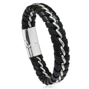 Men's Laced Chain Faux Leather Bracelet in Black – front view