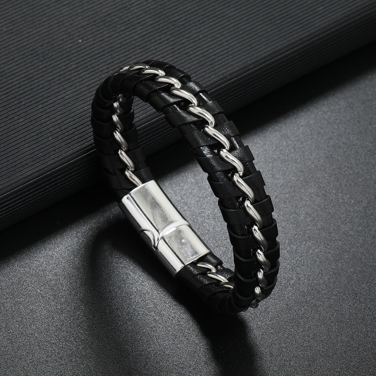 Men's Laced Chain Faux Leather Bracelet in Black – original detail