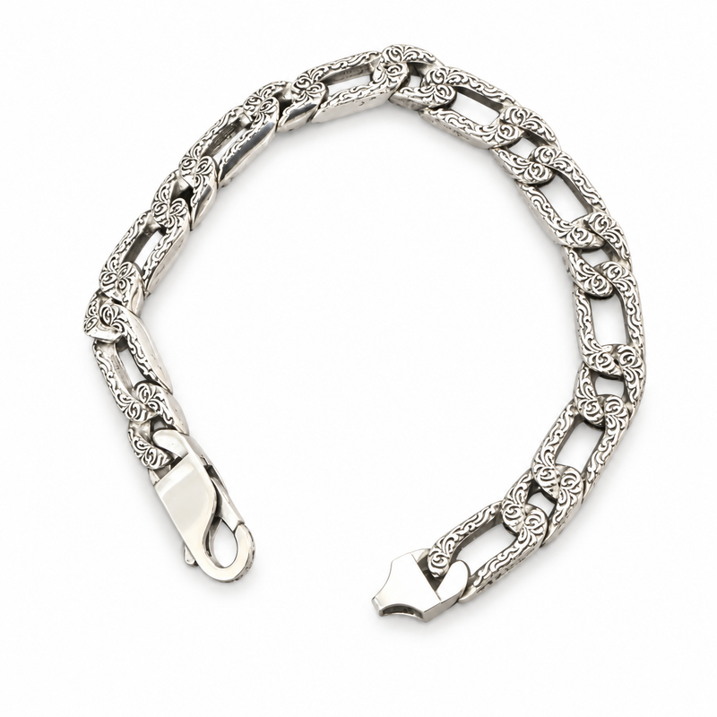 Men's Scroll Cutout Sterling Silver Chain Bracelet in 925 Sterling Silver – front view