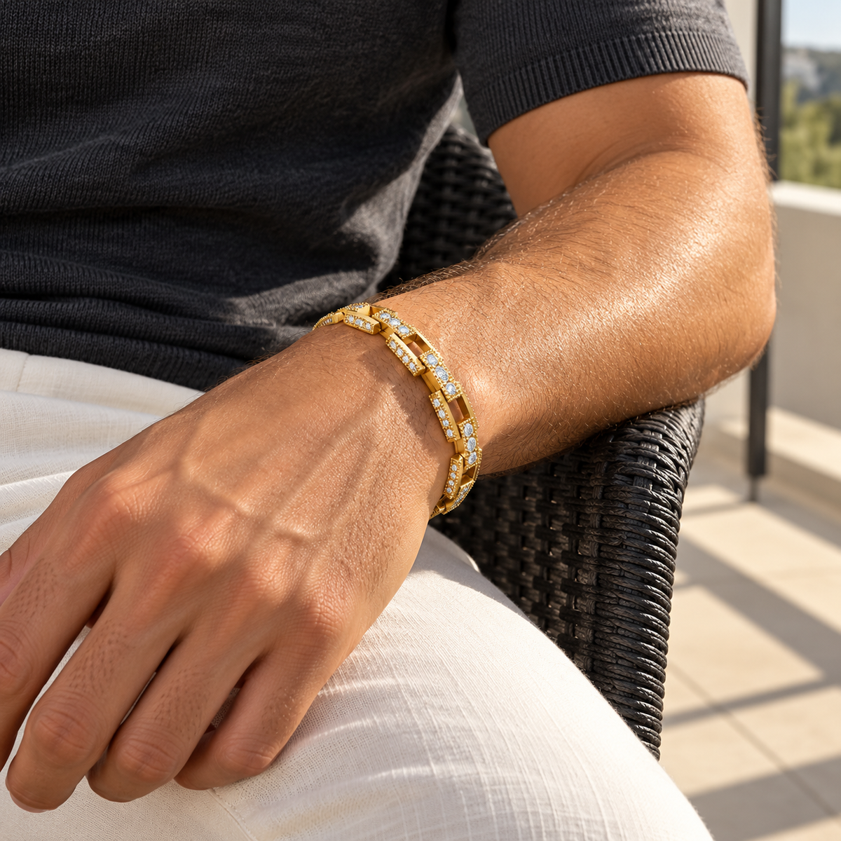 Men's Open Frame Chain Bracelet in 18K Gold Plated Steel; Cubic Zirconia – contextual scene, on wrist