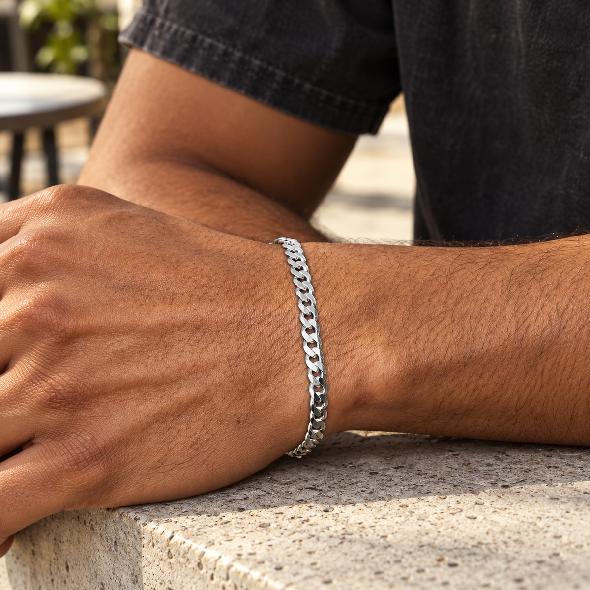 Men's Flat Curb Bracelet in 925 Sterling Silver – contextual scene, on wrist