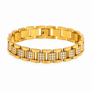 Men's Tile Light Watchband Bracelet in Gold Plated Steel; Clear Stones – front view