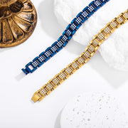 Men's Tile Light Watchband Bracelet in Gold Plated Steel – original gold plated tile and rail detail beside the blue finish