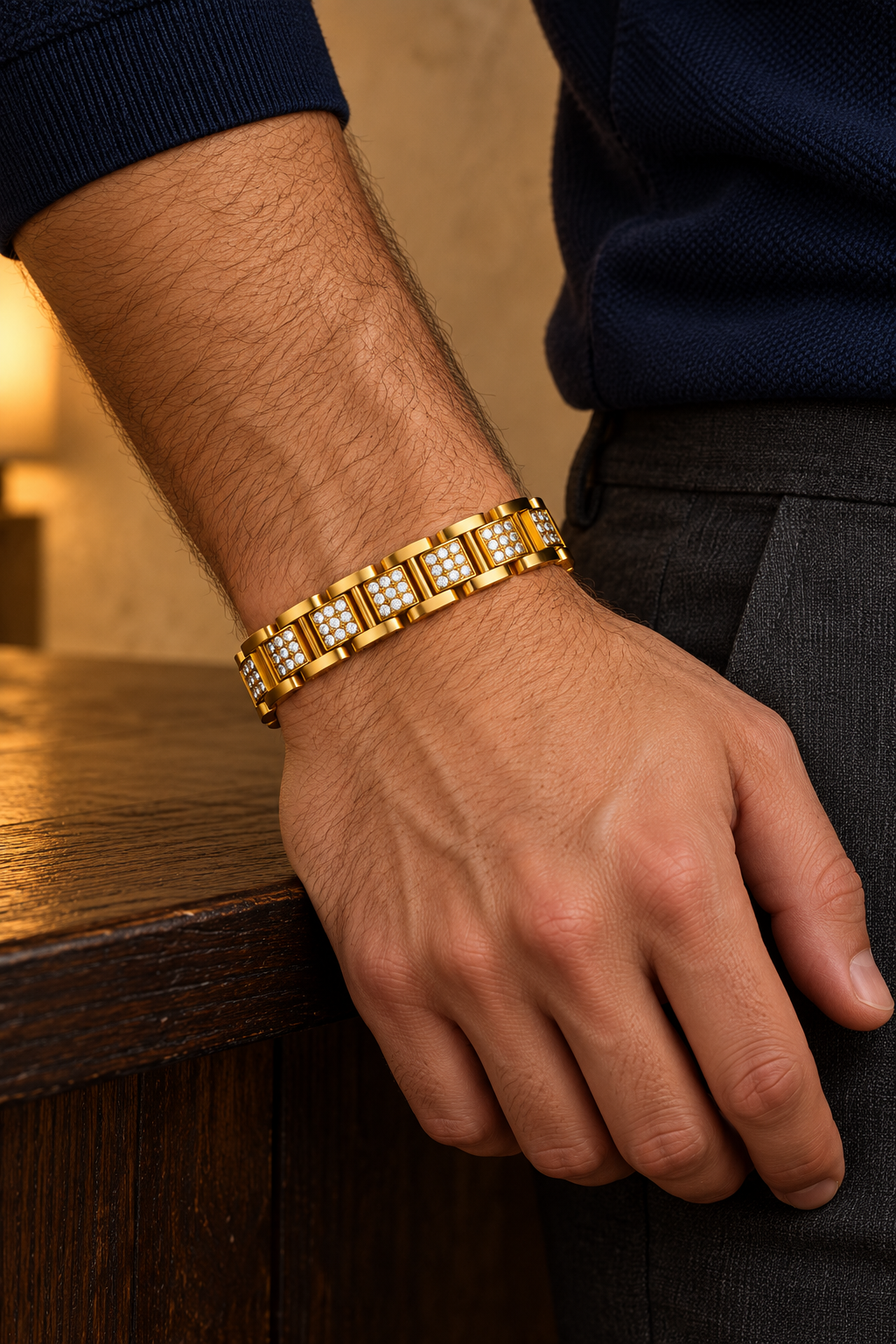 Men's Tile Light Watchband Bracelet in Gold Plated Steel; Clear Stones – contextual scene, on wrist