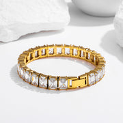 Men's Prism Row Tennis Bracelet in Gold-Tone Steel / Cubic Zirconia – original hinged clasp, prongs and open setting-back detail