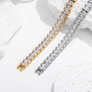 Men's Prism Row Tennis Bracelet in Gold-Tone / Silver-Tone Steel / Cubic Zirconia – original two-colour close view of rectangular stones and clasp ends