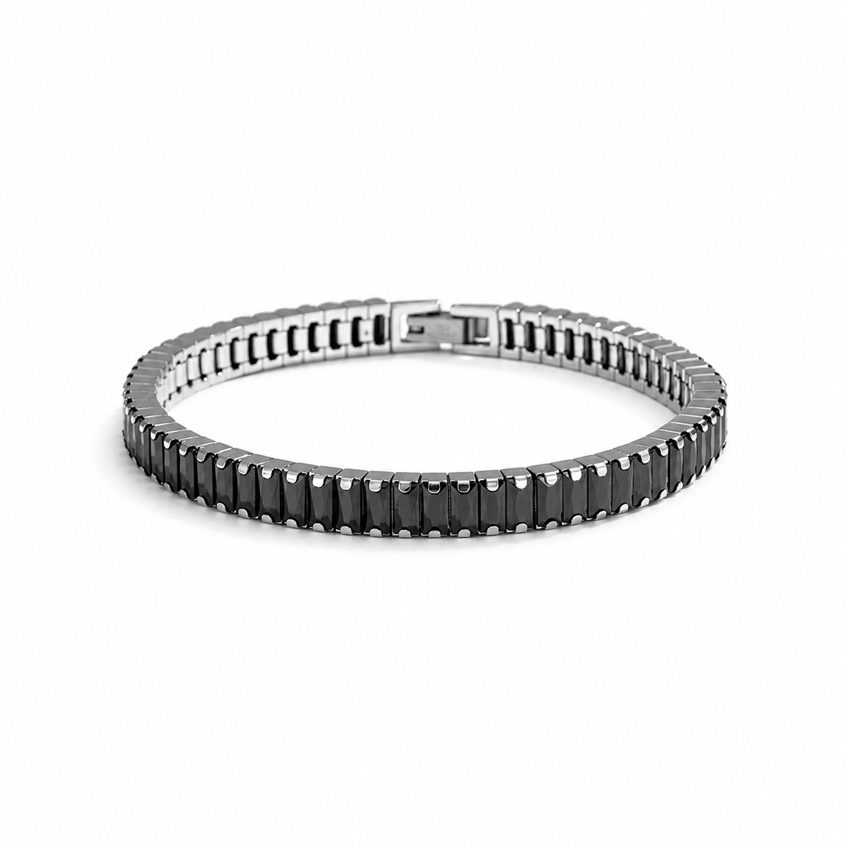 Men's Black Baguette Tennis Bracelet in Steel; Silver-Tone Finish; Black Cubic Zirconia – front view