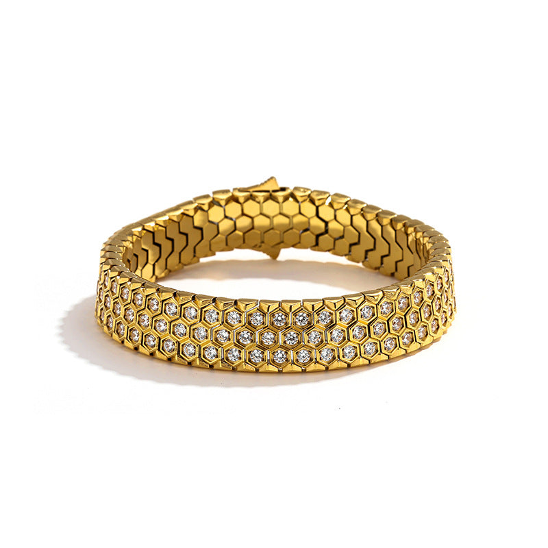 Men's Honeycomb Pave Link Bracelet in Gold Plated Steel – gold-tone front view