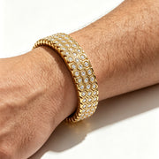 Men's Honeycomb Pave Link Bracelet in Gold Plated Steel – original close-up of hexagonal stone settings on wrist