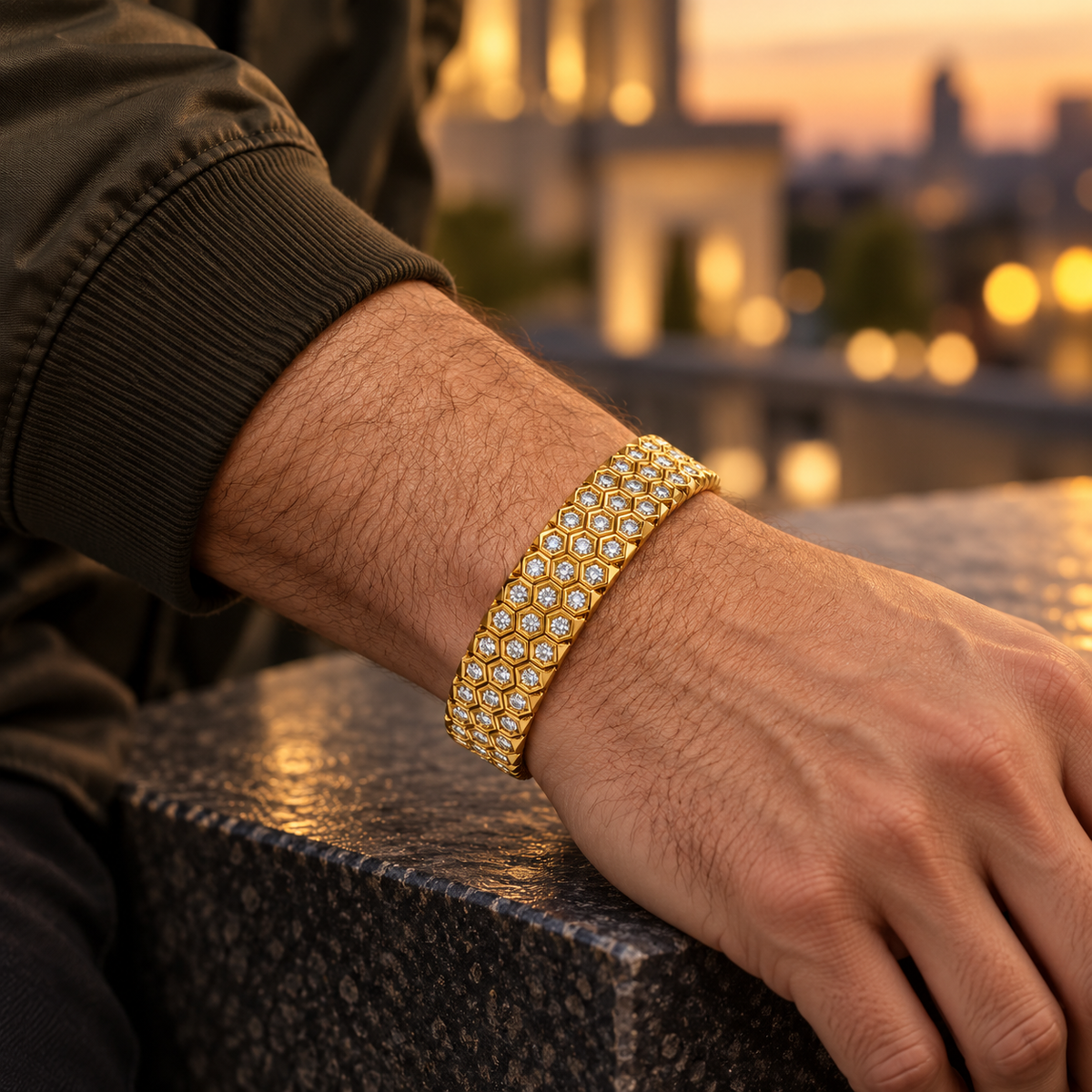 Men's Honeycomb Pave Link Bracelet in Gold Plated Steel – contextual scene, on wrist at an urban terrace