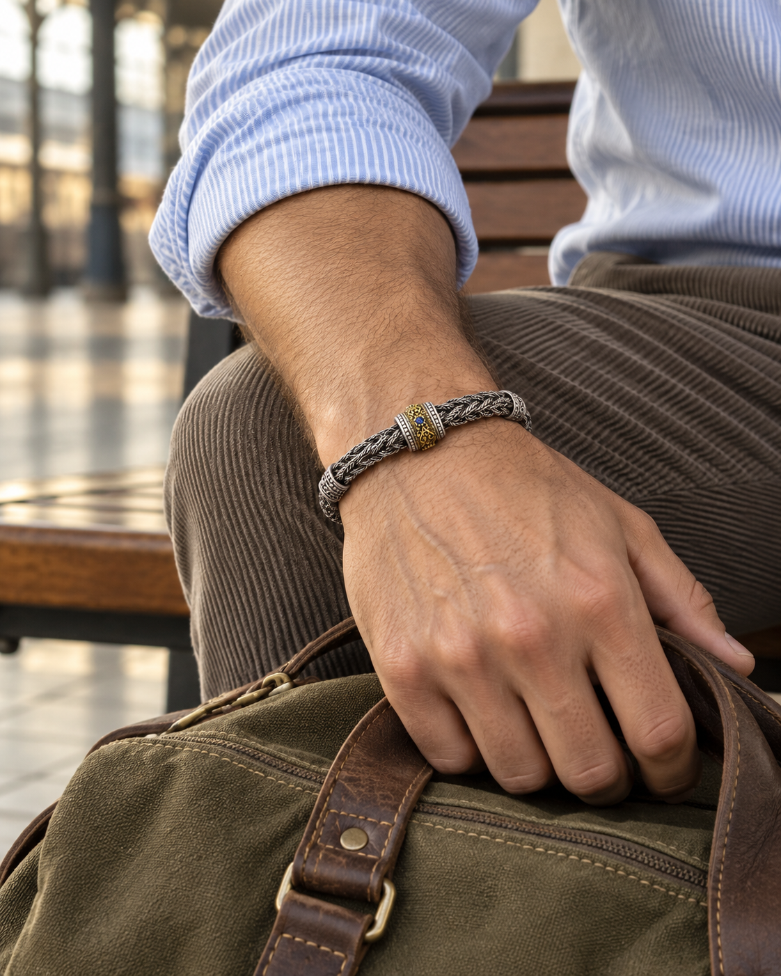 Men's Blue Barrel Twist Bracelet in Sterling Silver – contextual scene, on wrist