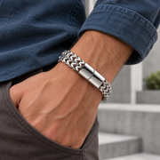 Men's Double Weave Magnetic Bracelet in Steel; Silver-Tone or Black Finish – contextual scene, on wrist
