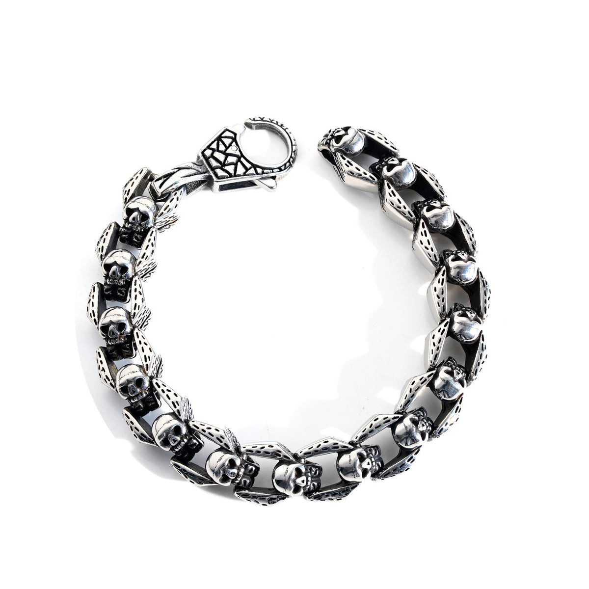 Men's Open Bone Skull Bracelet in Silver-Tone Steel – front view
