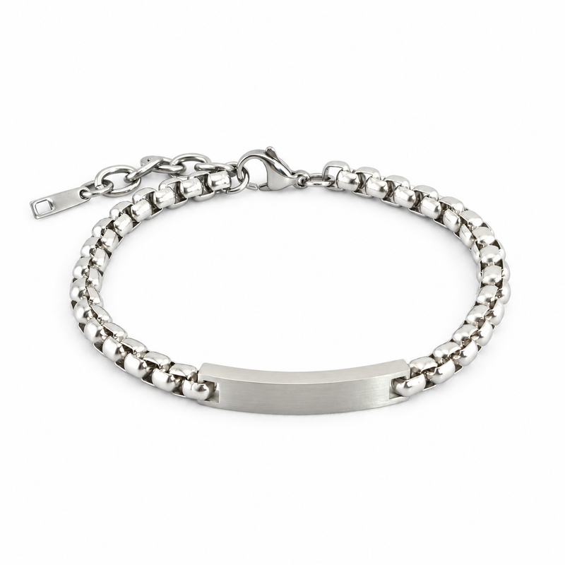 Men's Square Barrel ID Bracelet in Silver-Tone Stainless Steel – front view