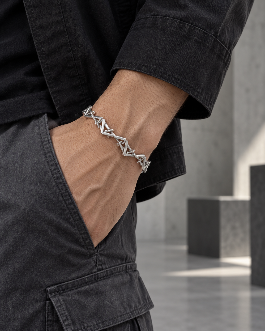 Men's Angular Spine Bracelet in 925 Sterling Silver – contextual scene, on wrist