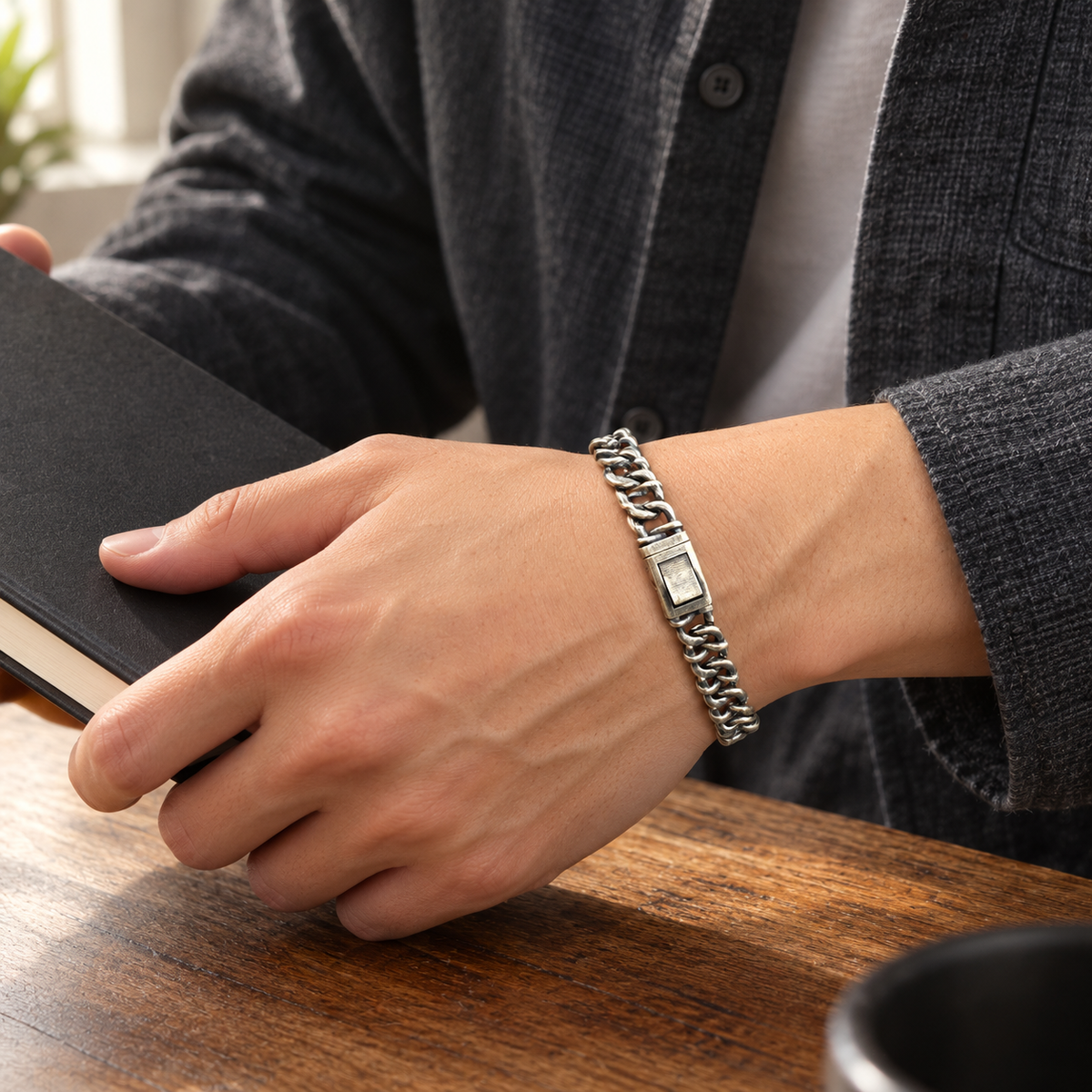 Men's Textured Band Bracelet in 925 Sterling Silver – contextual scene, on wrist