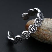 Men's Zodiac Disc Cuff Bracelet in Steel; Antiqued Silver-Tone Finish – original zodiac glyphs and dotted borders detail