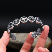 Men's Zodiac Disc Cuff Bracelet in Steel; Antiqued Silver-Tone Finish – original open gap and textured reverse view