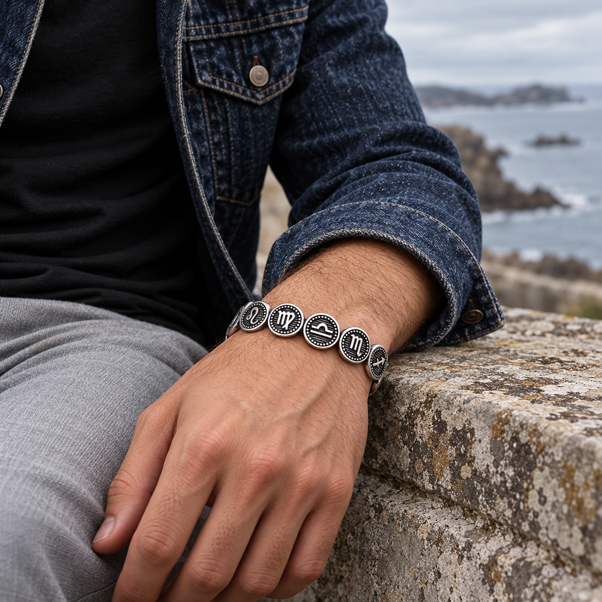 Men's Zodiac Disc Cuff Bracelet in Steel; Antiqued Silver-Tone Finish – contextual scene, on wrist