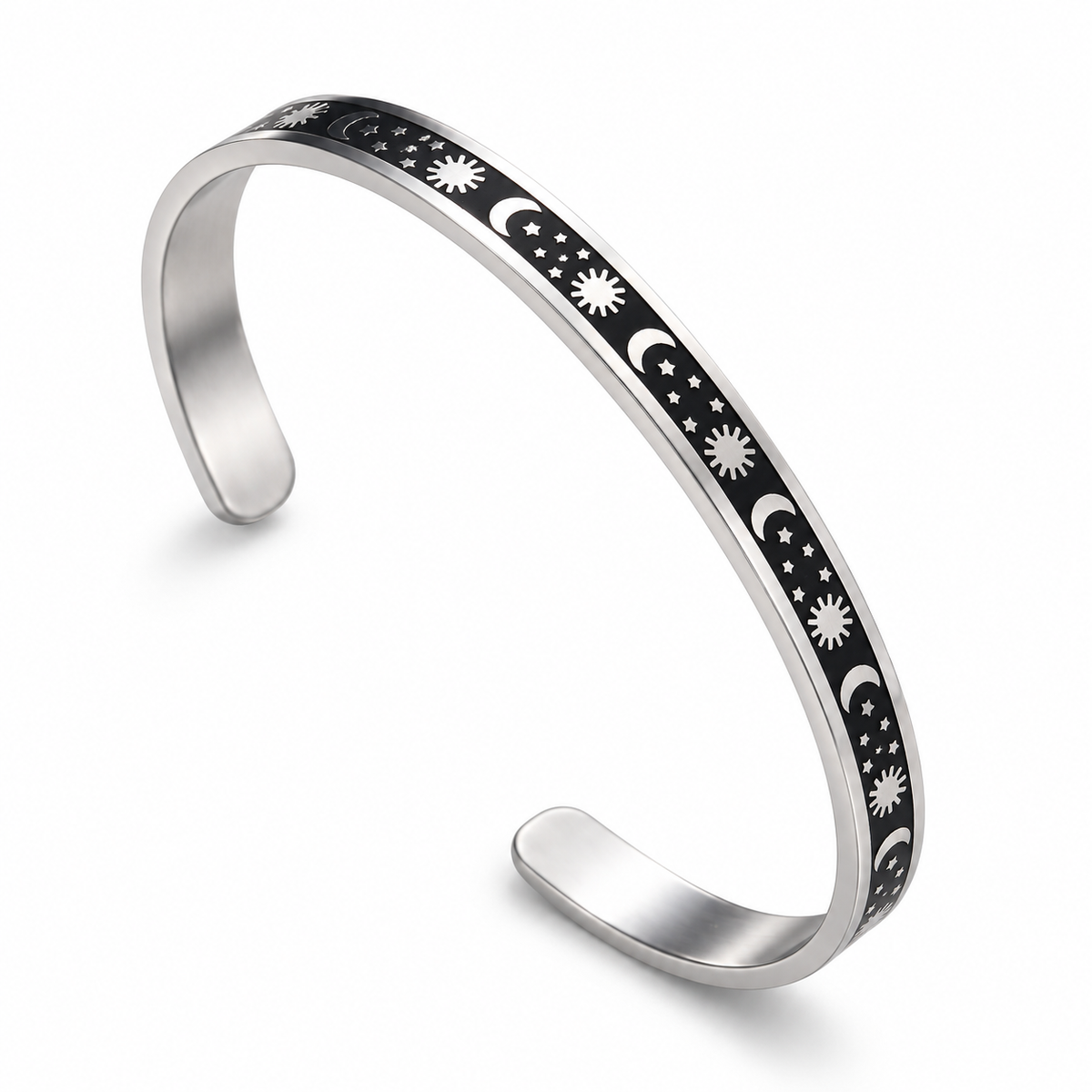 Men's Celestial Line Cuff in stainless steel – front view of the black sun and moon band