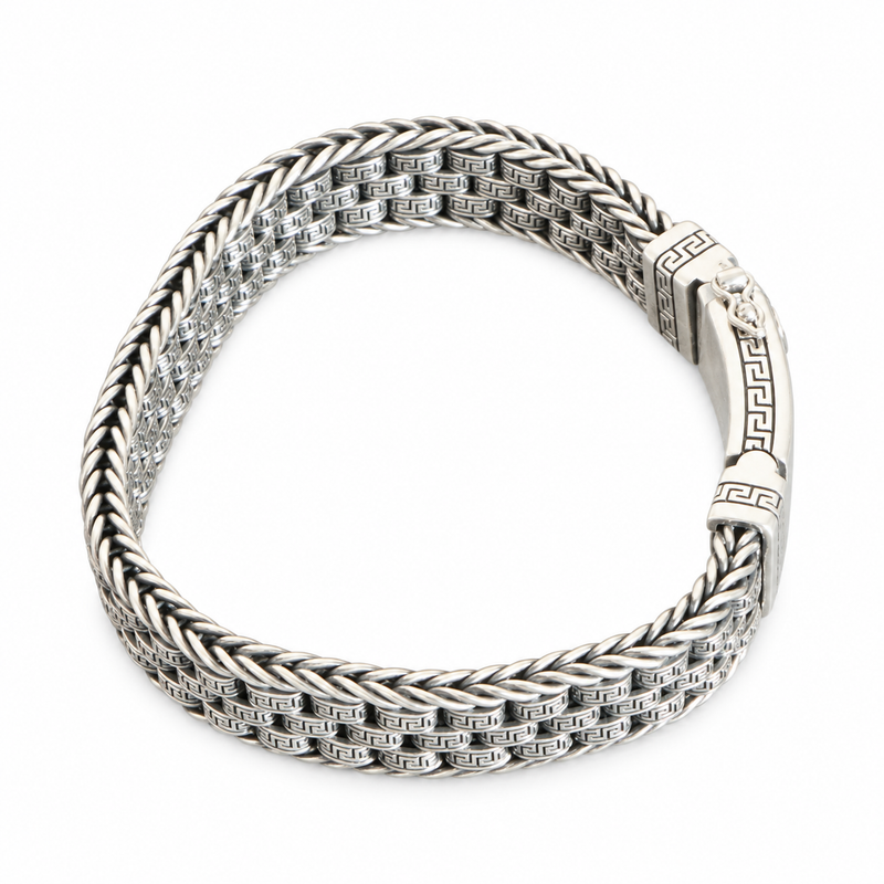 Men's Wheat Border Grid Bracelet in Sterling Silver – front view