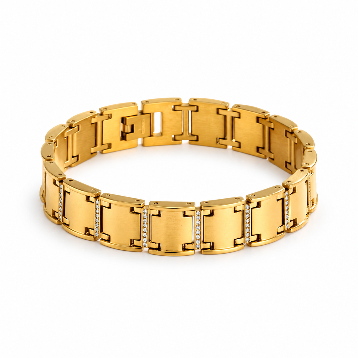Men's Brushed Rail Link Bracelet in Gold Plated Steel; Clear Stones – front view