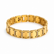 Men's Brushed Rail Link Bracelet in Gold Plated Steel; Clear Stones – front view